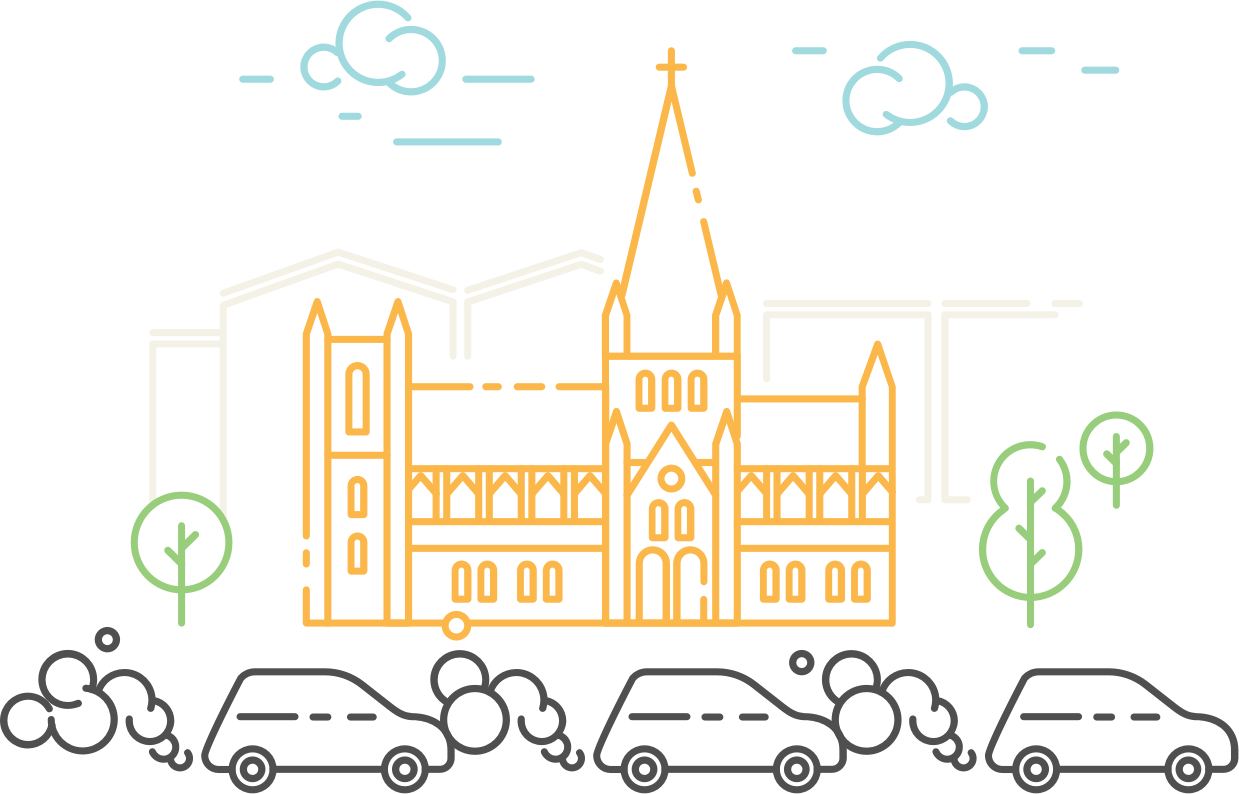 Illustrasjon av nidarosdomen med biltrafikk